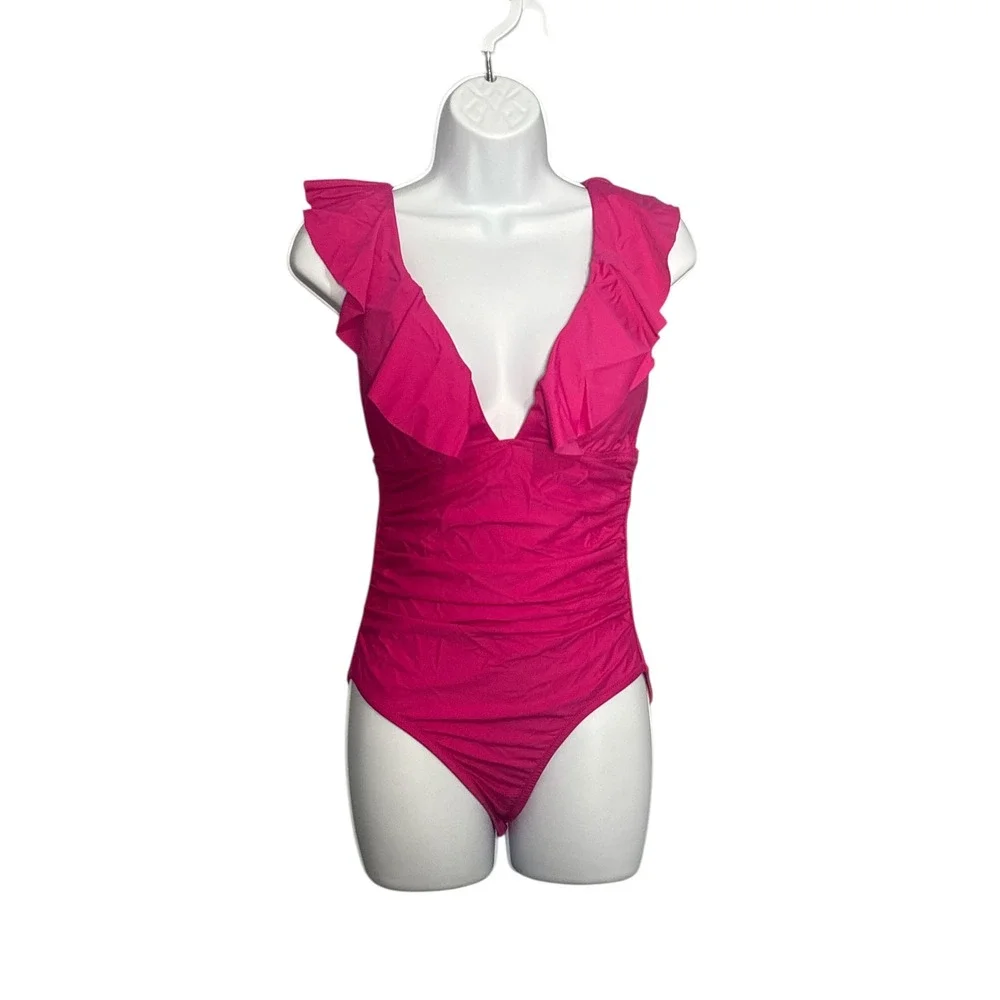 J. Crew‎ Ruffle V-Neck One-Piece Swimsuit Radiant Fuchsia Barbiecore Resortwear